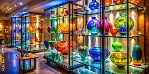 Exquisite rounded glass art showcase with vibrant colors and captivating light reflection, glass art, craftsmanship