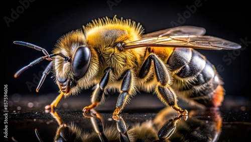 Close up of a bee on a black background, bee, insect, nature, macro, close up, black background, wings, antenna, pollination © tammanoon