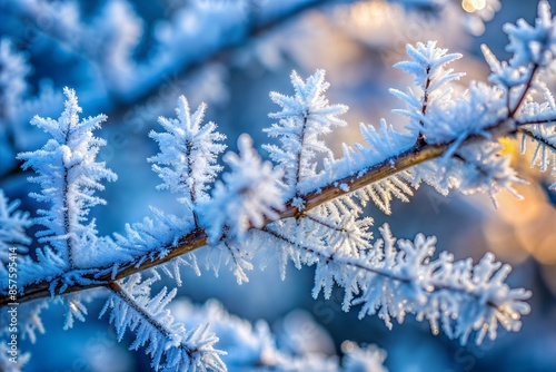 A close-up shot of a frost-covered branch, revealing the intricate, delicate crystalline formations of ice against a softly blurred background