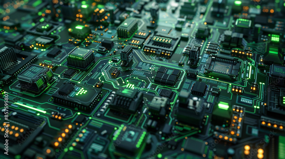 High-tech green and blue circuit board with intricate pathways and components under soft lighting. High-tech green and blue circuit board with intricate pathways and components under soft lighting.