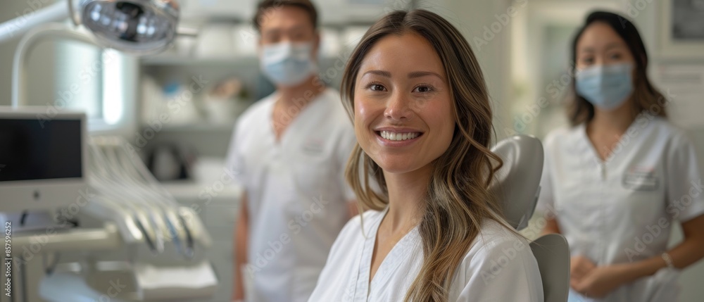 A smiling patient reclined in the dental chair, with the dentist and assistant standing by, ready to provide gentle and expert care, all bathed in soft, diffused light. A smiling patient reclined in the dental chair, with the dentist and assistant standing by, ready to provide gentle and expert care, all bathed in soft, diffused light.