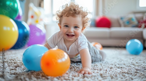A baby is playing with a bunch of balloons on the floor. The baby is smiling and he is enjoying the activity