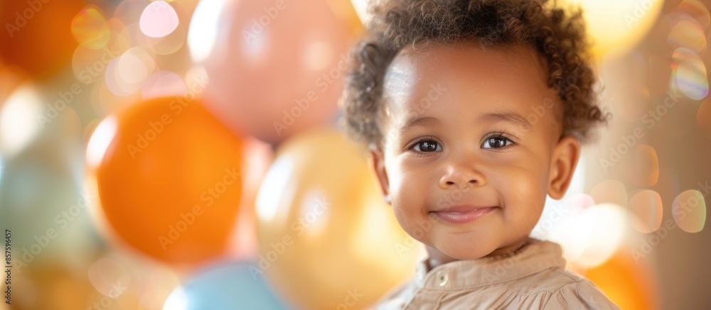 A baby is smiling at the camera in front of a bunch of balloons. The balloons are in various colors, including orange, yellow, and pink. Concept of joy and playfulness A baby is smiling at the camera in front of a bunch of balloons. The balloons are in various colors, including orange, yellow, and pink. Concept of joy and playfulness