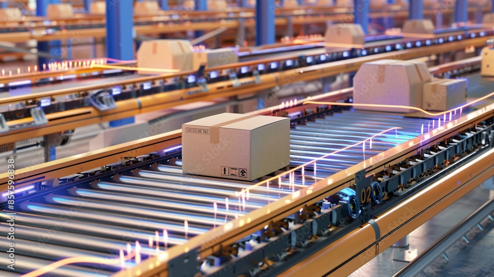 Conveyor belt in a warehouse distributes cardboard boxes for e-commerce. Conveyor belt in a warehouse distributes cardboard boxes for e-commerce.