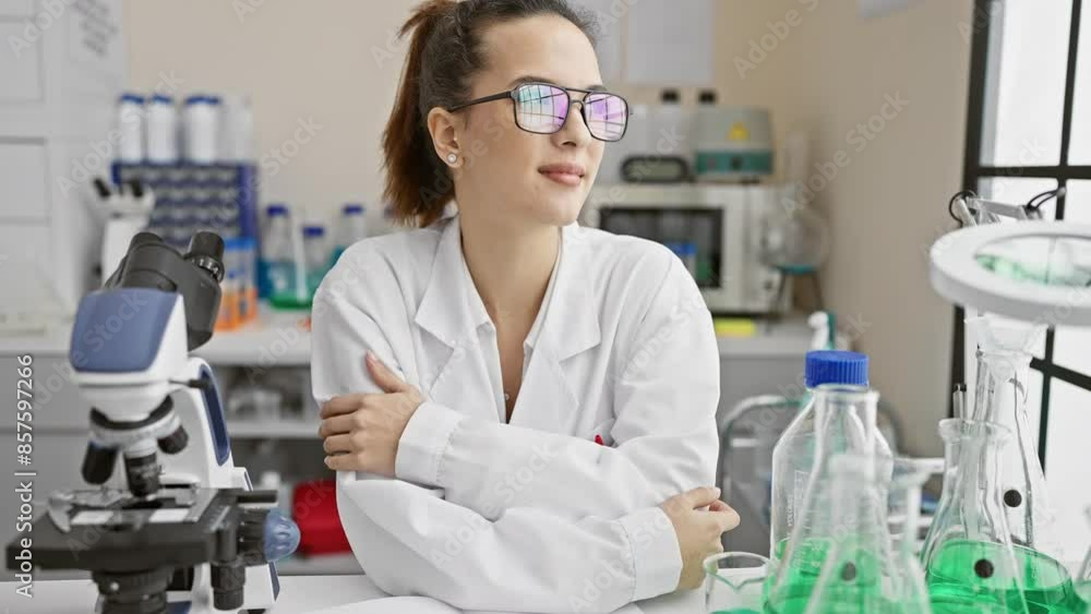 Young, joyful hispanic woman scientist in lab uniform hugging herself, radiating self love and positivity with her beautiful smile Young, joyful hispanic woman scientist in lab uniform hugging herself, radiating self love and positivity with her beautiful smile