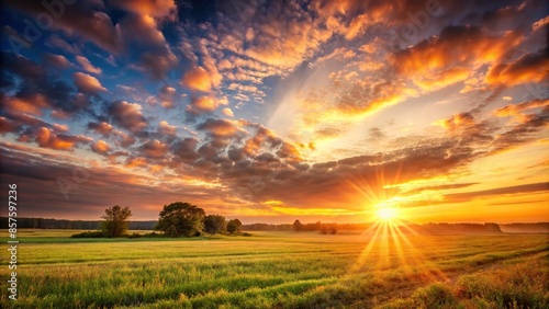 Sunset casting a warm glow over a tranquil field, sunset, field, landscape, golden hour, nature, rural, peaceful, sky