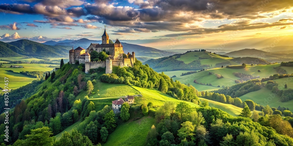 Castle on a lush green hill overlooking a scenic landscape, castle ...