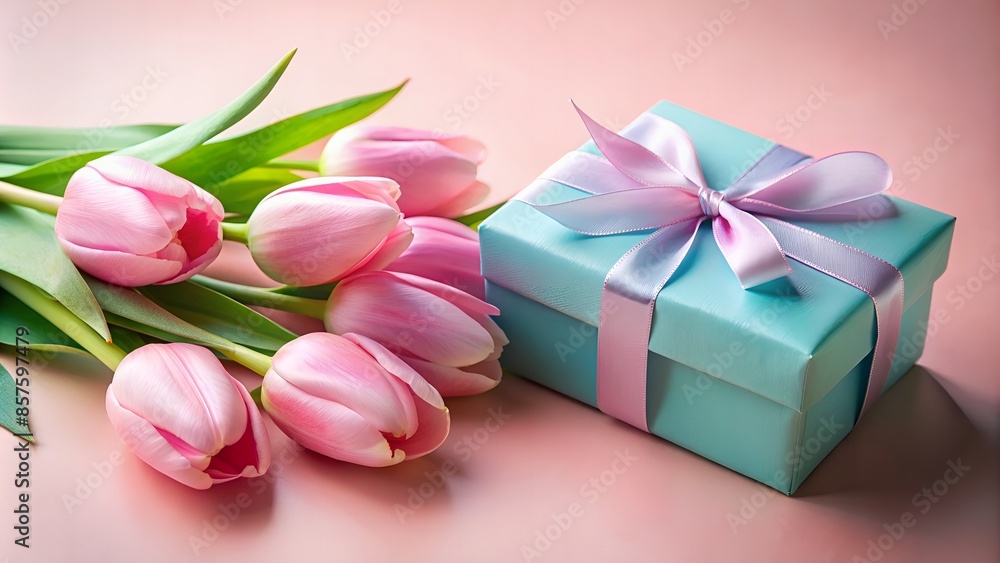 A Beautiful Bouquet Of Pink Tulips And A Blue Gift Box With A Pink Ribbon On A Pink Background. A Beautiful Bouquet Of Pink Tulips And A Blue Gift Box With A Pink Ribbon On A Pink Background.