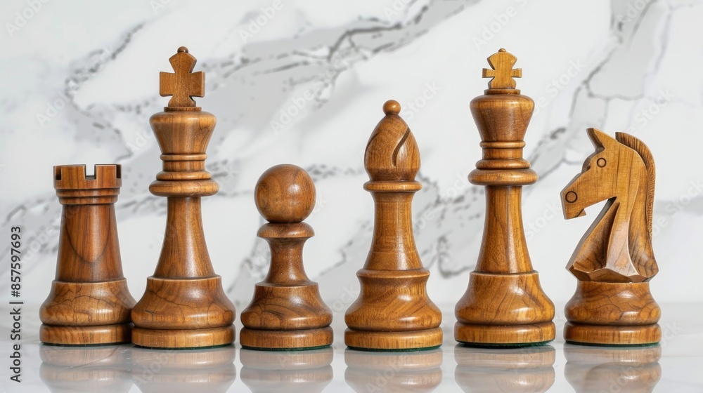 Wooden Chess Pieces on a Marble Surface Wooden Chess Pieces on a Marble Surface