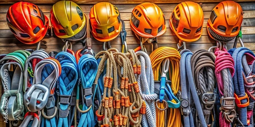 Climbing equipment including carabiners, harnesses, ropes, and helmets, climbing gear, outdoor adventure photo