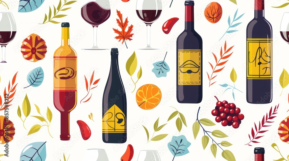 Wine and Autumn Leaves Seamless Pattern Wine and Autumn Leaves Seamless Pattern