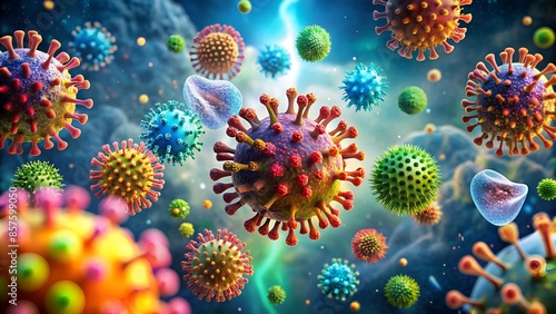 3D Illustration Of A Variety Of Viruses, Including Influenza, Measles, And Hiv. photo
