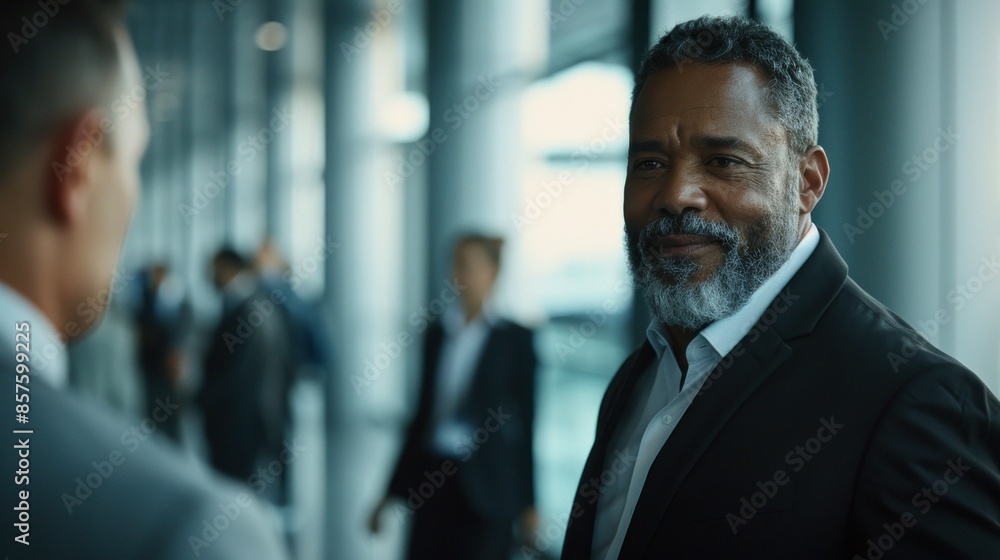 A man in a suit is smiling at another man A man in a suit is smiling at another man