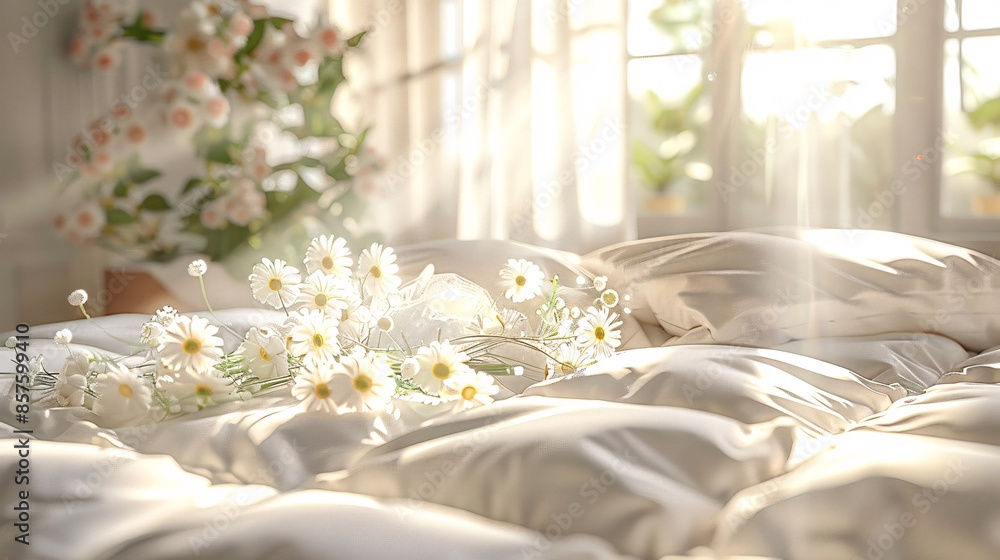 Messy bed in morning sunlight with bedding and flowers, concept shot.