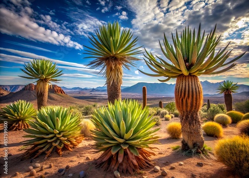 The beauty of the desert comes alive in this stunning image of a desert landscape featuring a variety of cacti and succulents. photo