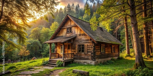 Rustic wooden house surrounded by trees, cabin, secluded, nature, cozy, architecture, rustic, isolated, forest © tammanoon