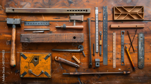 Essential Carpentry Measuring Tools Displayed on a Woodworker's Workbench photo