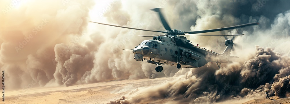 Military chopper in desert extraction mission, wide poster. Military chopper in desert extraction mission, wide poster.