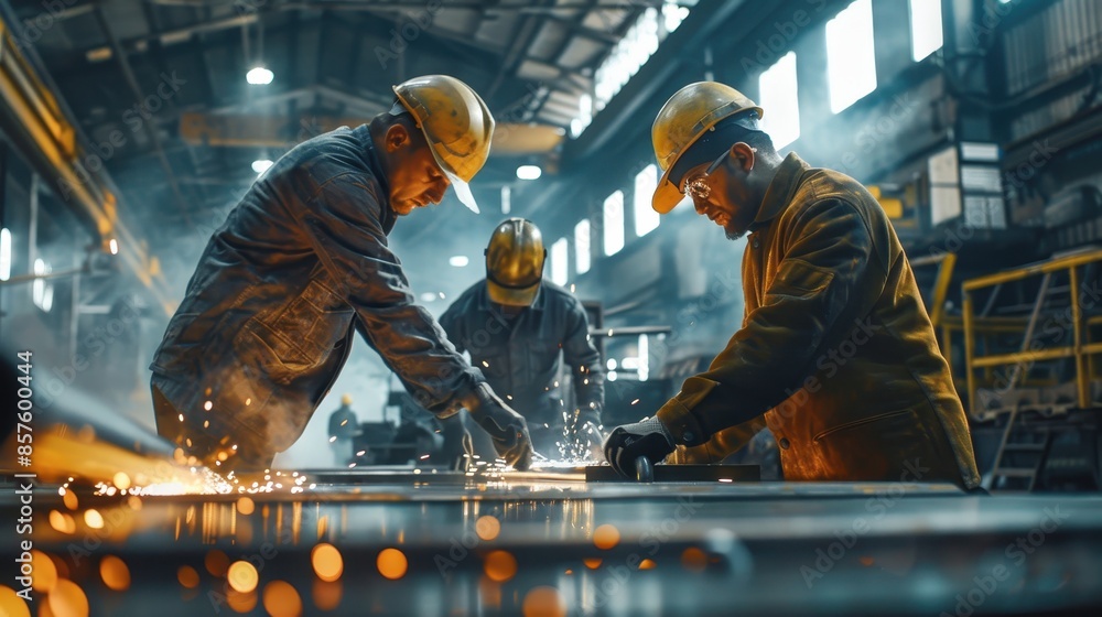 Three workers grinding metal in a factory Three workers grinding metal in a factory