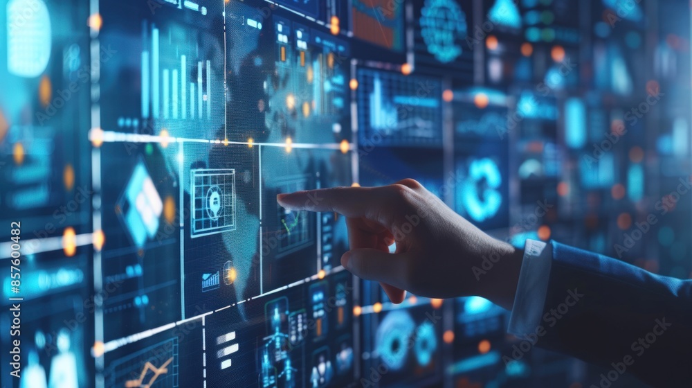 A hand is pointing at a screen with a blue background and a lot of people A hand is pointing at a screen with a blue background and a lot of people