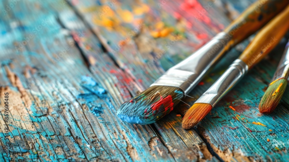 Artistic paintbrushes and paints on weathered wooden surface with selective focus Artistic paintbrushes and paints on weathered wooden surface with selective focus
