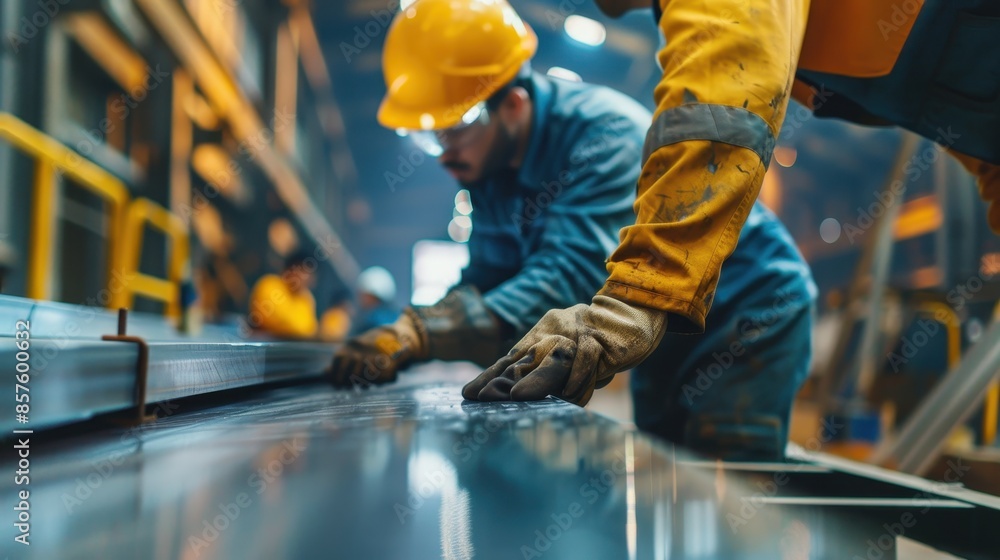 Two workers inspect a metal sheet Two workers inspect a metal sheet