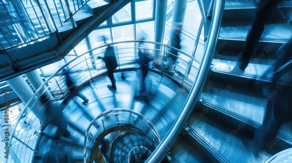 Obraz premium People walking up a spiral staircase in an office