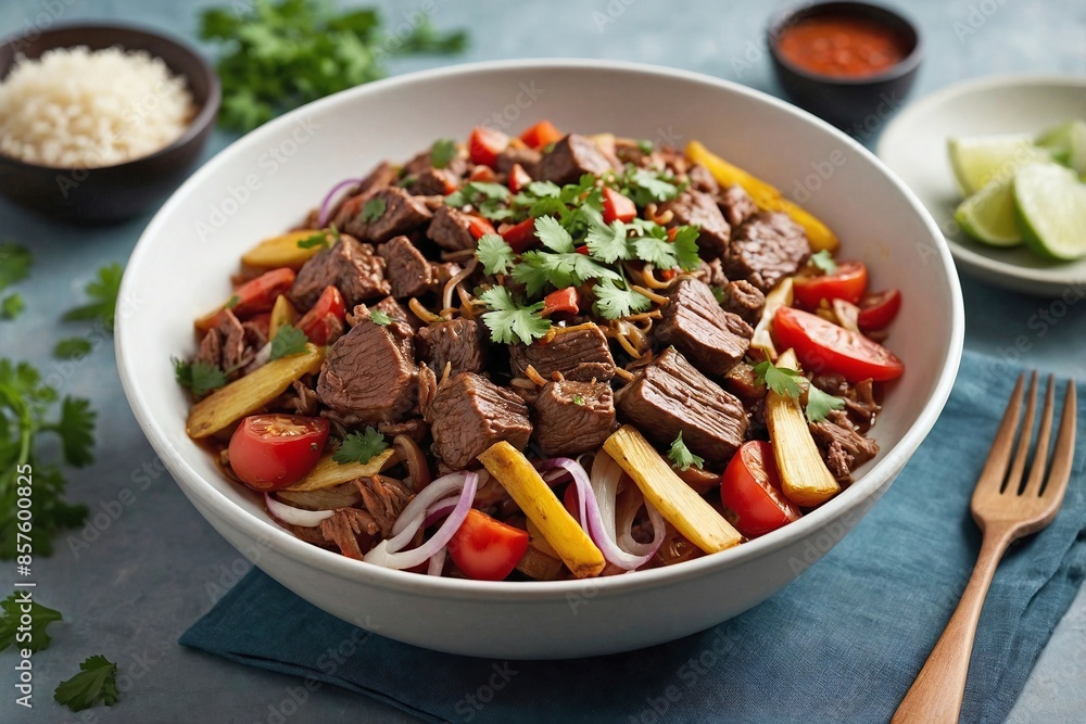 Peruvian Cuisine Lomo Saltado: an overhead view of a minimalist Lomo Saltado presentation. Peruvian Cuisine Lomo Saltado: an overhead view of a minimalist Lomo Saltado presentation.