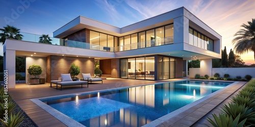 Modern luxury villa with a sleek exterior and a sparkling pool , contemporary, house, pool, modern, luxury, villa © rattinan