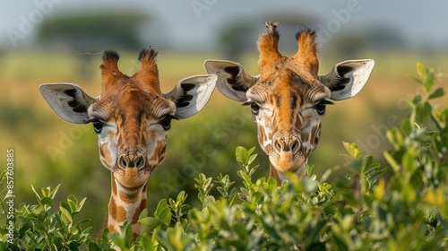 Two giraffe looking a camera in the wild