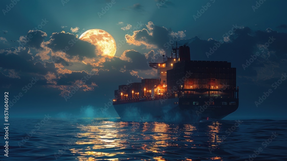 A freight ship gliding smoothly across a tranquil ocean beneath a bright full moon, International shipping and economy concept A freight ship gliding smoothly across a tranquil ocean beneath a bright full moon, International shipping and economy concept