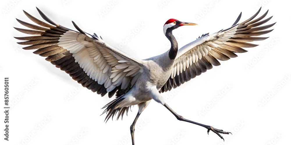A Graceful Red-Crowned Crane With Outstretched Wings Isolated On A White Background. A Graceful Red-Crowned Crane With Outstretched Wings Isolated On A White Background.