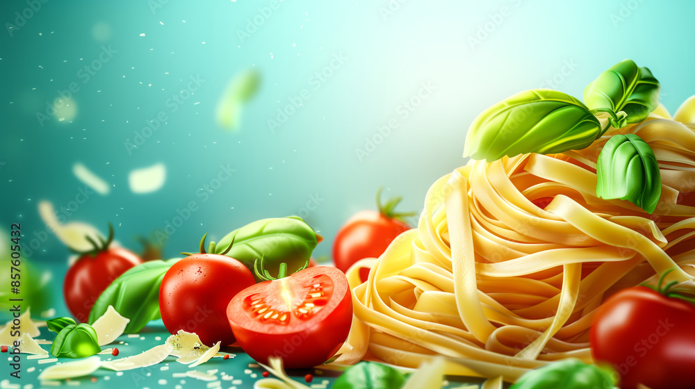 Fresh Italian pasta with tomato sauce, basil and parmesan cheese Advertising Poster Fresh Italian pasta with tomato sauce, basil and parmesan cheese Advertising Poster