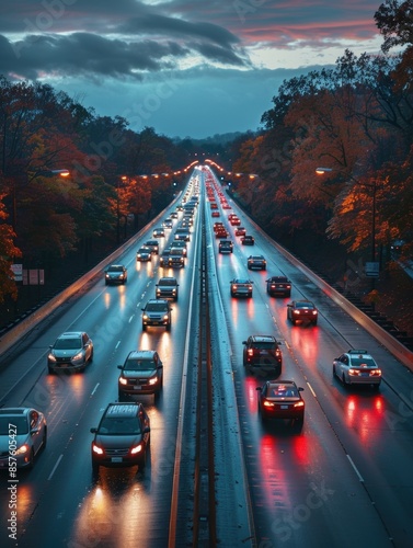 A long line of cars on a busy highway during the morning commute photo