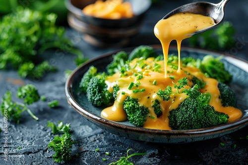 Adding cheddar cheese sauce to broccoli