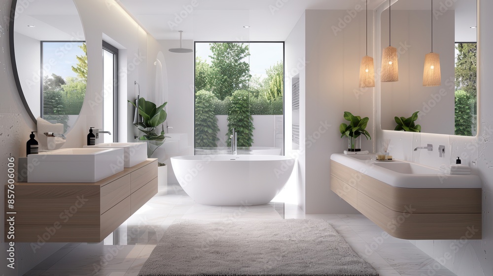Modern Minimalist Bathroom with Freestanding Tub and Large Windows Overlooking Garden Modern Minimalist Bathroom with Freestanding Tub and Large Windows Overlooking Garden