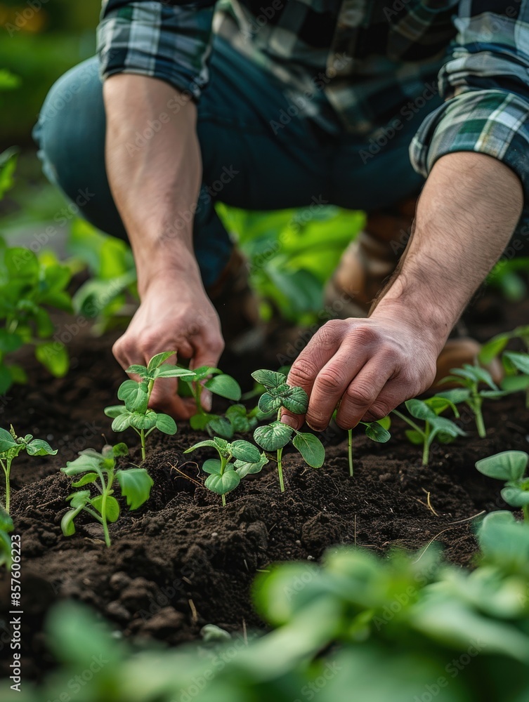 A gardener carefully planting young seedlings in neatly prepared soil, showcasing the beginning of a lush and thriving garden A gardener carefully planting young seedlings in neatly prepared soil, showcasing the beginning of a lush and thriving garden