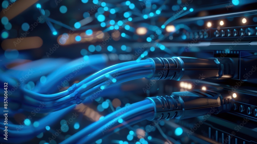 Close-up of Network Cables Connected to Servers with Blue LED Lights in Data Center Close-up of Network Cables Connected to Servers with Blue LED Lights in Data Center