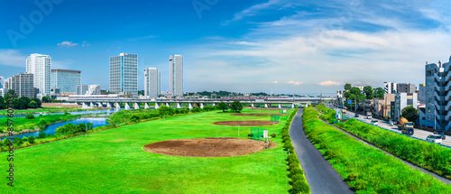 Photography 多摩川のパノラマ風景　二子玉川駅のビル群や多摩川緑地などを望む【東京都・世田谷区－神奈川県・川崎市】　
Panoramic view of the Tama R