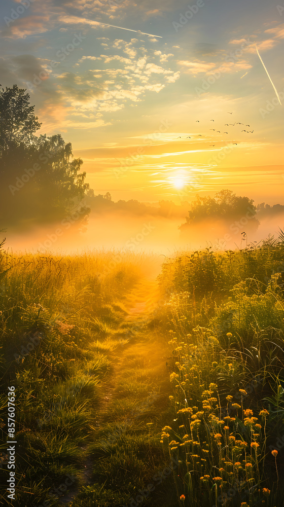 Fototapeta premium Serene Morning Landscape with Golden Sun Rays and Misty Atmosphere, Inviting Reflection and Tranquility