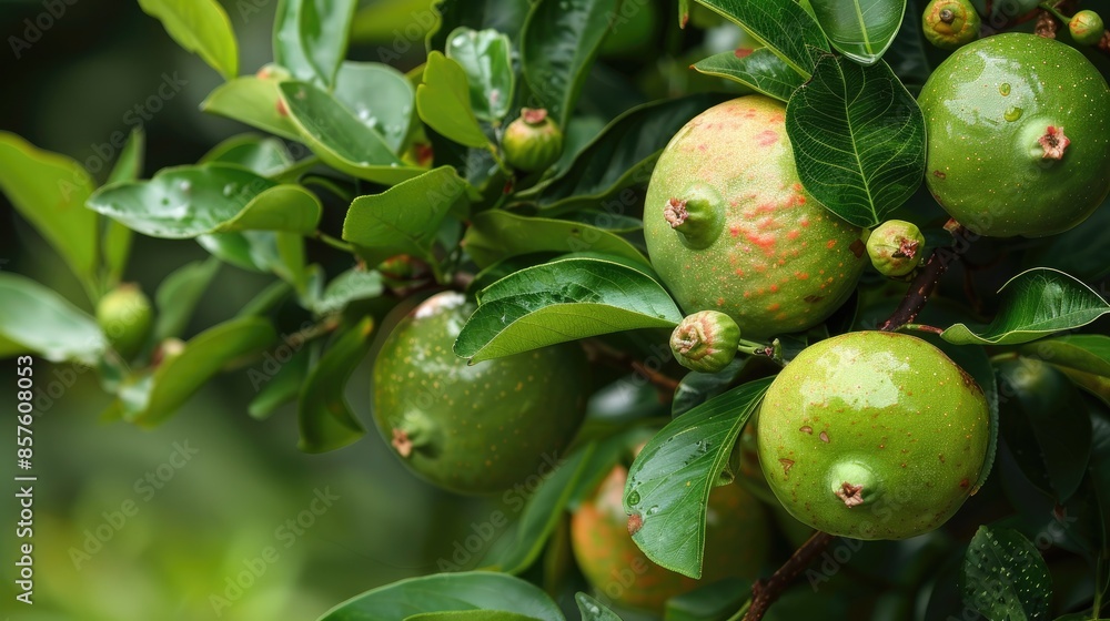 Bangkok apple guava Psidium guajava a green fruit with red or white flesh has a sweet tart flavor Bangkok apple guava Psidium guajava a green fruit with red or white flesh has a sweet tart flavor
