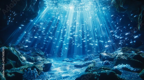 Sunlight beams through an underwater cave, illuminating small fish and vibrant coral reefs, creating a serene and magical oceanic scene.