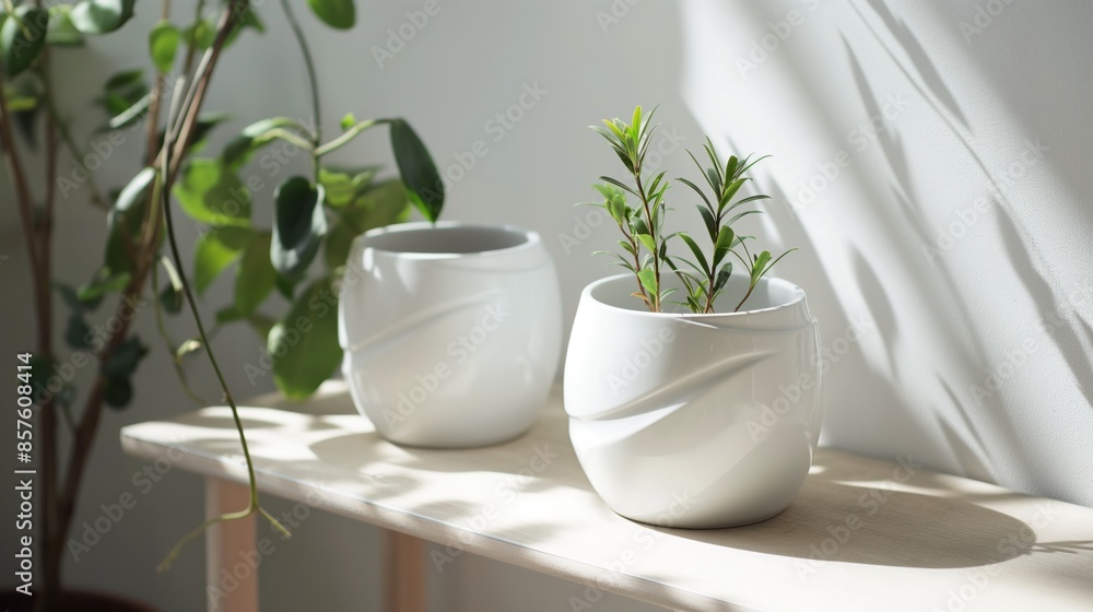 White ceramic planters with green plants on a wooden shelf in natural sunlight. White ceramic planters with green plants on a wooden shelf in natural sunlight.