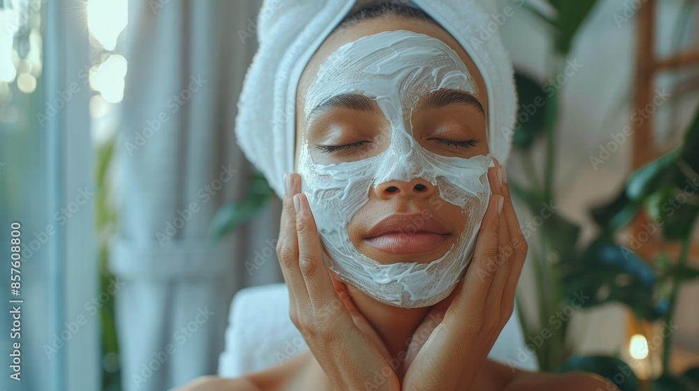 Portrait beautiful young woman with a facial mask wrapped in towel, skincare with rejuvenation, woman relax applying skin care for health and aging, beauty and wellness, self-care, beauty concept. Portrait beautiful young woman with a facial mask wrapped in towel, skincare with rejuvenation, woman relax applying skin care for health and aging, beauty and wellness, self-care, beauty concept.