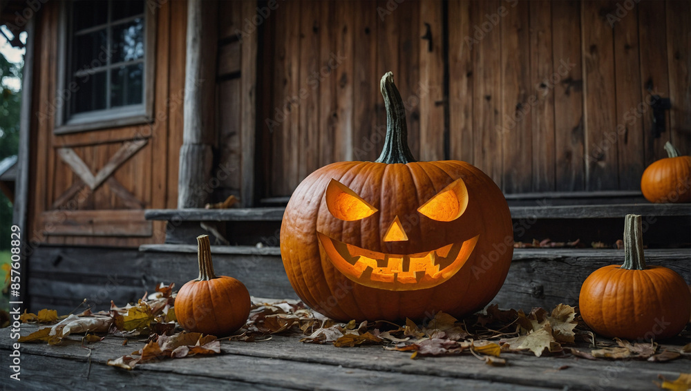 Obraz premium Imange pumpkin with carved eyes and mouth in front of the house door 5