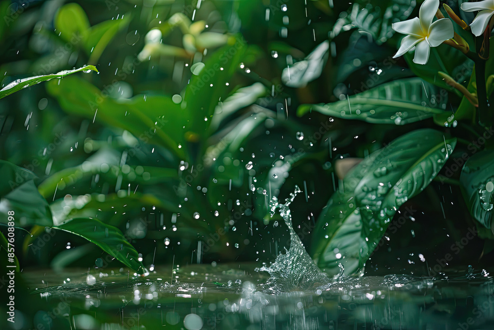 Rainforest water splashes, green foliage, exotic flowers, intricate droplets, diffused natural light. Rainforest water splashes, green foliage, exotic flowers, intricate droplets, diffused natural light.