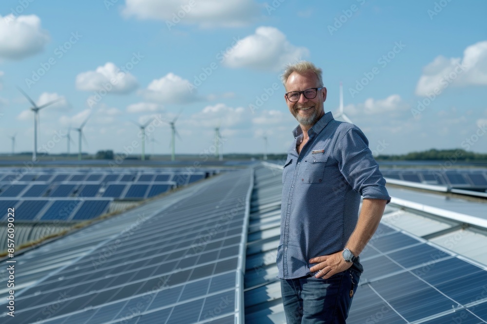 Green energy sustainability man standing in front of solar panels and wind turbines with clouds in the sky Green energy sustainability man standing in front of solar panels and wind turbines with clouds in the sky