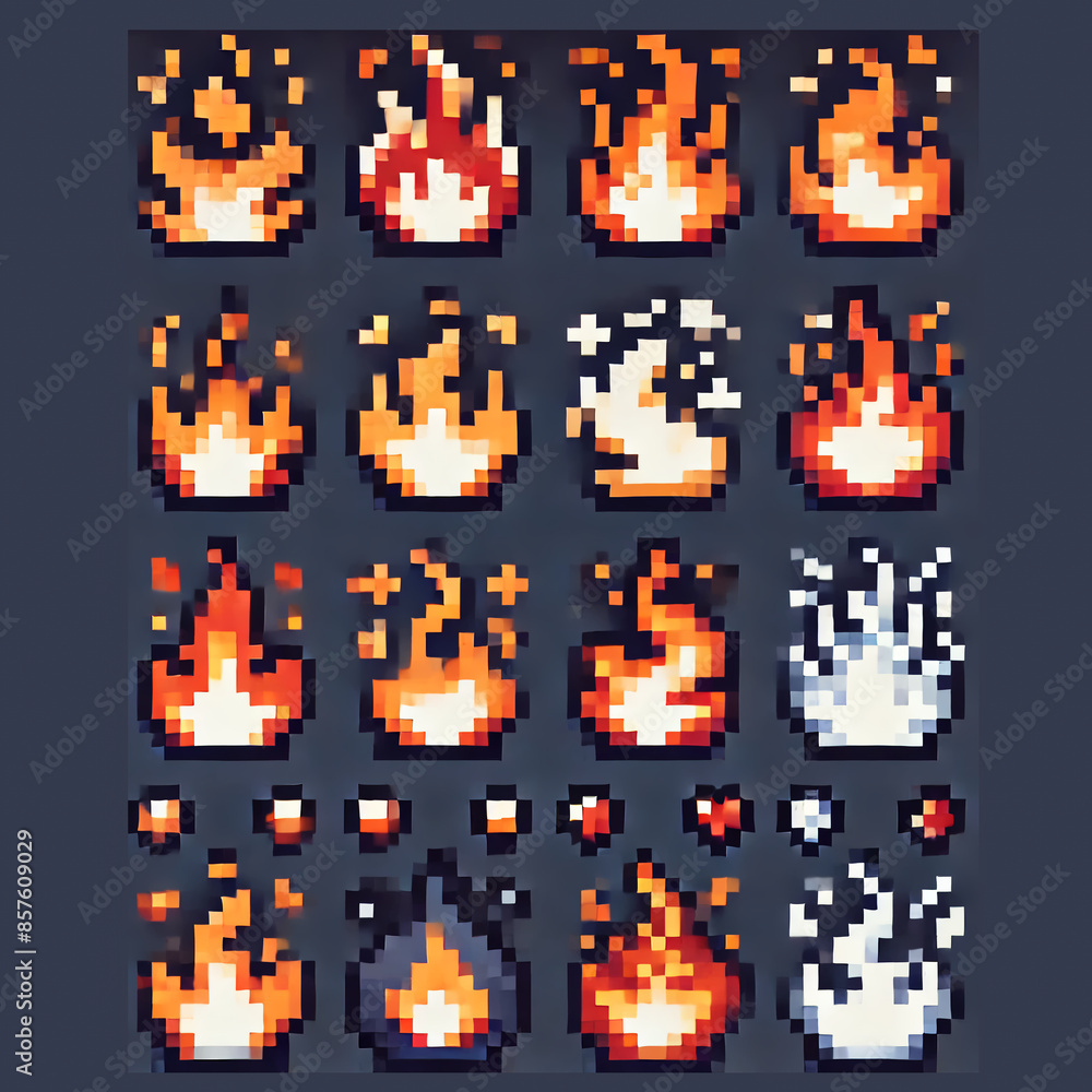 Flame Icons in Pixel Art Style Stock Illustration | Adobe Stock