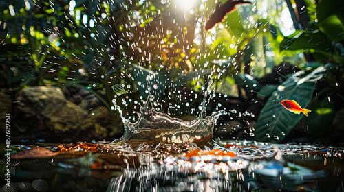 Tropical water splash, colorful fish, exotic plants in background, bright sunlight, vivid reflections.