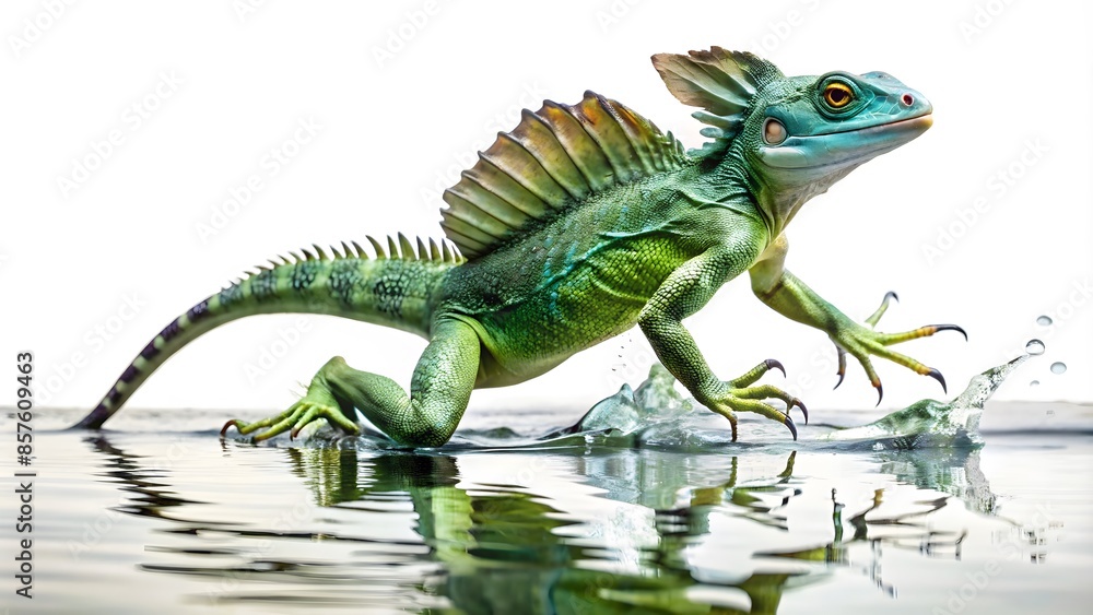 A Bright Green Basilisk Lizard Runs Across The Water'S Surface, Its Sharp Claws Creating A Spray Of Droplets. A Bright Green Basilisk Lizard Runs Across The Water'S Surface, Its Sharp Claws Creating A Spray Of Droplets.